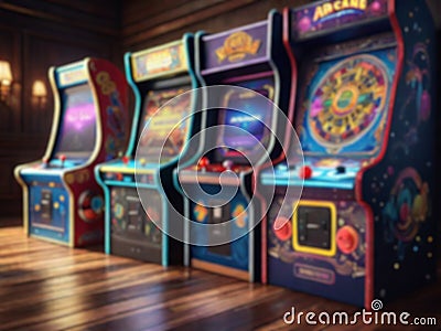 Blur View of Arcade Machine on Polished Wooden Floor Creates Captivating Realism. Stock Photo