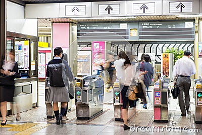 Blurred abstract background of many people on subway train, japan subway Editorial Stock Photo