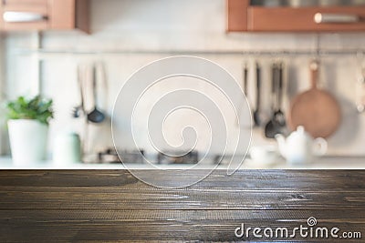 Blurred abstract background. Modern kitchen with tabletop and space for display your products. Stock Photo