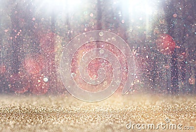 Blurred abstract photo of light burst among trees and glitter bokeh lights. filtered image and textured Stock Photo