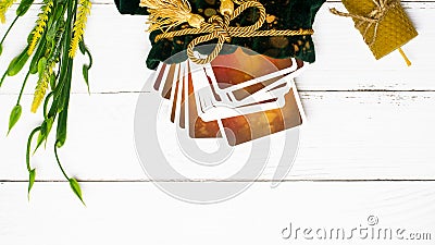 Tarot cards layout on witch table. Esoteric concept and astrology. Stock Photo