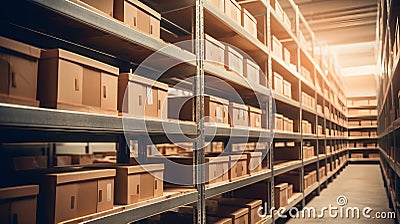 Blurred Background of filled High Storage Racks. Industrial Backdrop Stock Photo