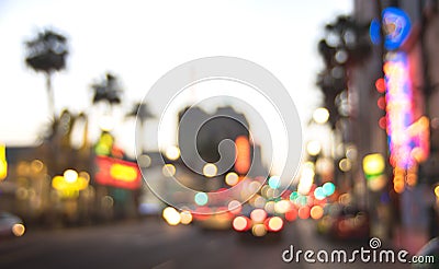 Blurred background of Hollywood Boulevard after sunset - Defocused view of world famous Walk of Fame in California Stock Photo