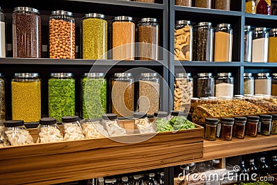 Blurred background of interior in zero waste shop. Customers buying dry goods and bulk products in plastic free grocery store. Stock Photo