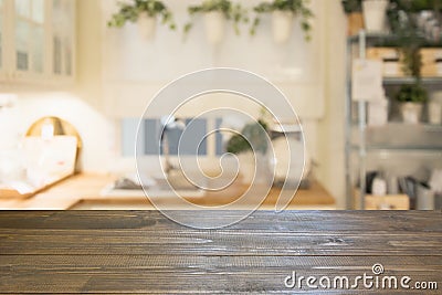 Blurred background. Modern defocused pastel kitchen with wooden tabletop and space for you. Stock Photo
