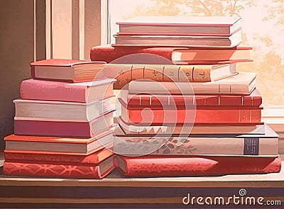 Blurred background of pile of books in the study room of high school, college, or university campus. Education or Stock Photo