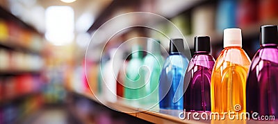 Blurred bokeh background with unlabeled product on retail shelf, creating captivating visual effect Stock Photo