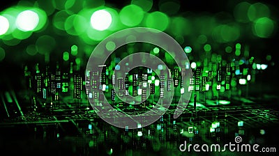 Blurred bokeh with binary code and computer circuitry for digital tech design background Stock Photo