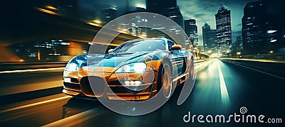 Blurred bokeh effect of city lights with a sleek sports car speeding down the night highway Stock Photo