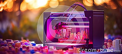 Blurred bokeh effect with 3d printer in action, creating intricate object with highlighted details Stock Photo