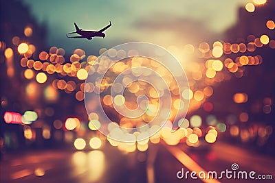 Blurred bokeh effect with enchanting glow of airplane windows and vibrant travel imagery Stock Photo