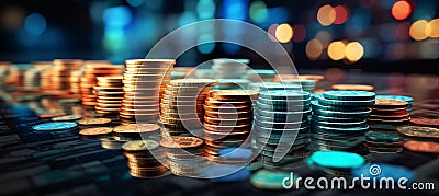 Blurred bokeh effect with finance themed coins, banknotes, and symbols in vibrant colors Stock Photo
