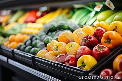 Blurred and bright out of focus interior of a busy grocery store with colorful aisles and shelves Stock Photo