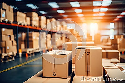 Blurred business background Blurry warehouse on soft bokeh background Transporting product boxes.by Generative AI Stock Photo