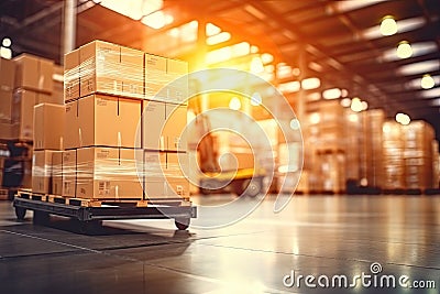 Blurred business background Blurry warehouse on soft bokeh background Transporting product boxes.by Generative AI Stock Photo