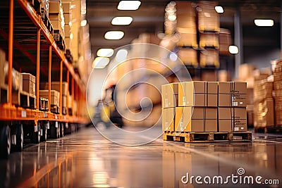 Blurred business background Blurry warehouse on soft bokeh background Transporting product boxes.by Generative AI Stock Photo