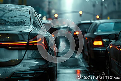 Blurred busy road long line of cars waiting at traffic jam Stock Photo