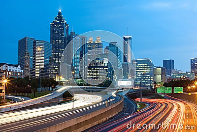 Blurred car lights on the freeway at downtown Atlanta Stock Photo