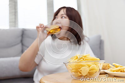 Blurred Chubby Woman Enjoy Eatting Beef Cheese Burger Stock Photo