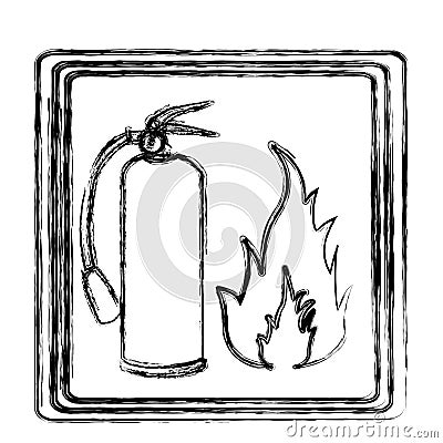 blurred contour signal silhouette fire flame and extinguisher icon Cartoon Illustration