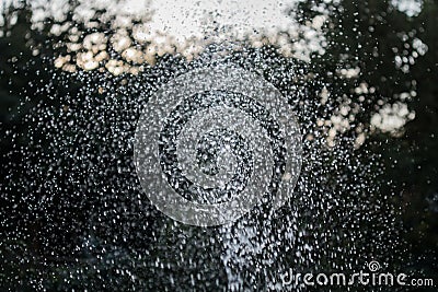 Blurred drops of water escaping from a hose. Watering, irrigation with water. Stock Photo