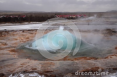 Blurred. The eruption of the Strokkur geyser in the southwestern part of Iceland in a geothermal area near the river Hvitau Stock Photo