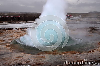 Blurred. The eruption of the Strokkur geyser in the southwestern part of Iceland in a geothermal area near the river Hvitau Stock Photo