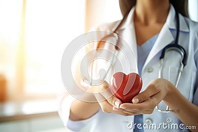 Blurred female doctor with stethoscope holding heart. This picture is focus at female doctor hand and use warm bright sunlight Cartoon Illustration