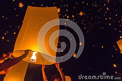 Blurred floating lantern or Yeepeng festival at Chaingmai province. Stock Photo