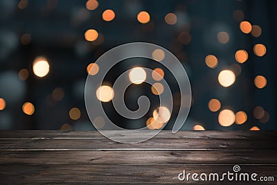 Blurred gold garland and wooden tabletop as foreground. Image for display your christmas products Stock Photo