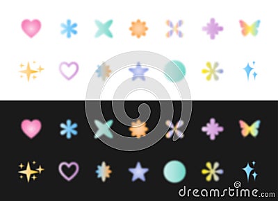 Blurred gradient shapes collections. Abstract blurry elements - heart, flowers, stars and sparkles. Vector Illustration