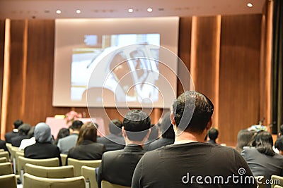 Blurred image of education people and business people sitting in conference room for profession seminar and the speaker is present Editorial Stock Photo