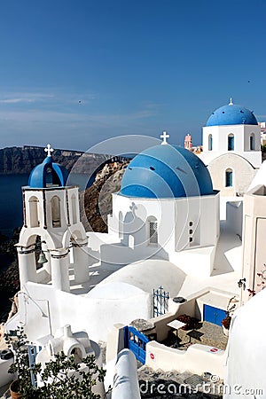 Blurred image of the famous 3 Blue Domes at Santorini Stock Photo