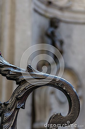 Blurred image of the famous Manneken Pis statue in the background, the symbol of Brussels, Belgium Editorial Stock Photo