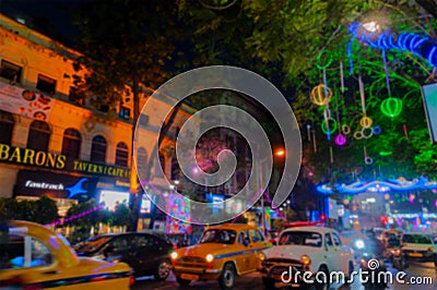 Blurred image, Park Street,Kolkata, India. Park street area is decorated with diwali lights for the occassion of Diwali or Editorial Stock Photo