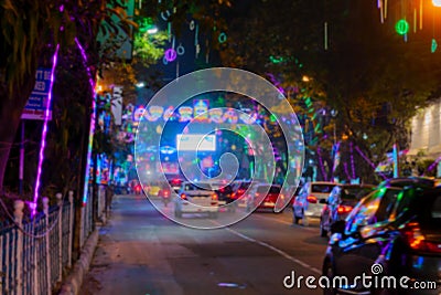 Blurred image of Park Street,Kolkata, India. Park street is decorated with diwali lights for the occassion of Diwali, deepabali or Stock Photo