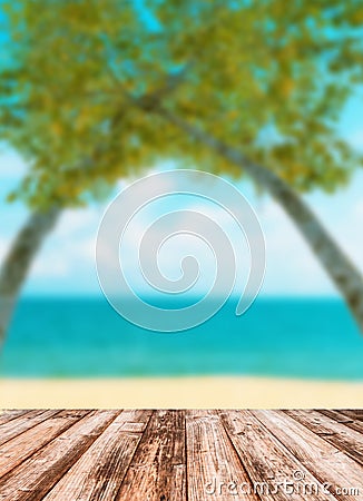 Blurred image of sea sky coconut tree with wooden under Stock Photo