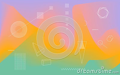 Blurred liquid wavy abstract vibrant colors flow blend background with geometric scientific shapes Vector Illustration