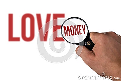 Blurred love lettering, in a magnifying glass money Stock Photo