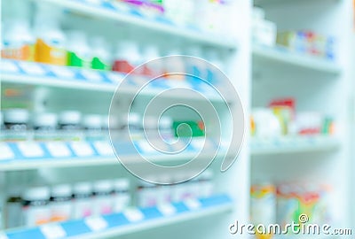 Blurred picture of medicine shelf in drug store. Pharmacy shop interiors. Pharmaceutical products in drugstore. Medical retail Stock Photo