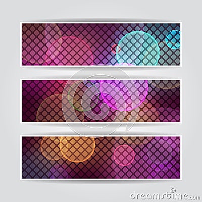 Blurred purple banners set with mosaic and light Vector Illustration