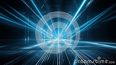 blurred rays of light on the disco floor white blue neon searchlight lights laser lines and lighting Stock Photo