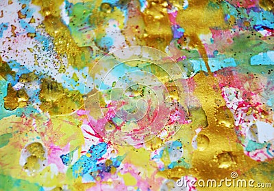 Blurred sparkling gold blue waxy pastel spots watercolor blurred waxy gold spots colorful hues, strokes of brush, backgrounnd Stock Photo