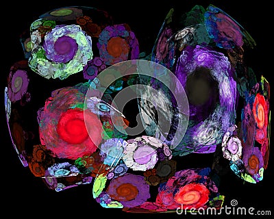 Blurred spirals of different sizes on colorful round spots on a black background. Imitation of drawing with watercolors, gouache. Cartoon Illustration