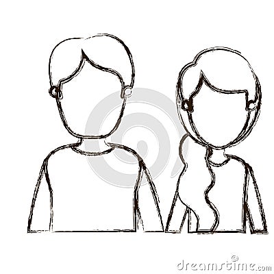 Blurred thick silhouette caricature faceless front view half body couple woman with side ponytail hair and young man Vector Illustration