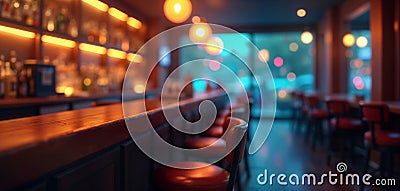 Blurred view of bar counter with warm lighting, red bar stools. City lights outside visible through windows creating soft bokeh Stock Photo