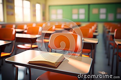 Blurred view of an empty elementary classroom with chairs, devoid of students Stock Photo