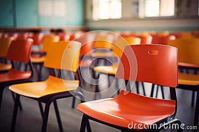 Blurred view of an empty elementary classroom with chairs, devoid of students Stock Photo