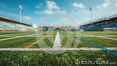 Blurred view of empty football field with lined turf and visible goalposts in a calm atmosphere. Blurred view american Stock Photo