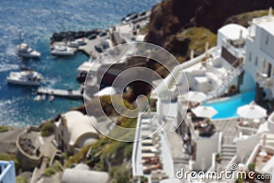 Blurred View of the island and whitewashed village of Oia of Santorini, Greece Stock Photo